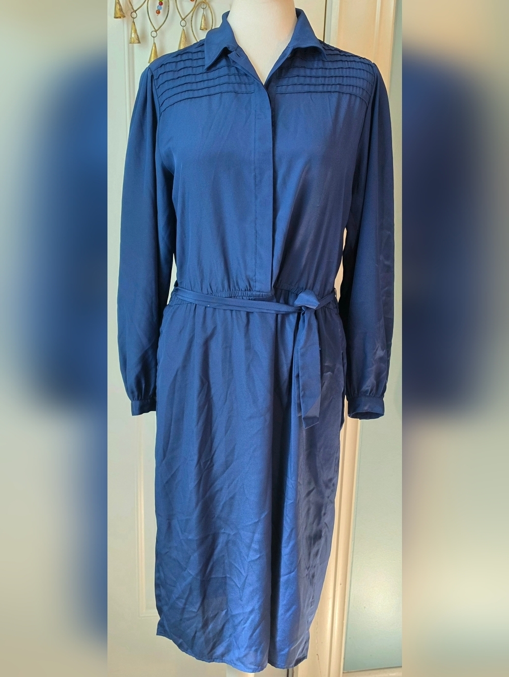 Jack Mulqueen Vintage Silk Midi Shirt Dress Womens L Blue Long-Sleeve Tie Waist